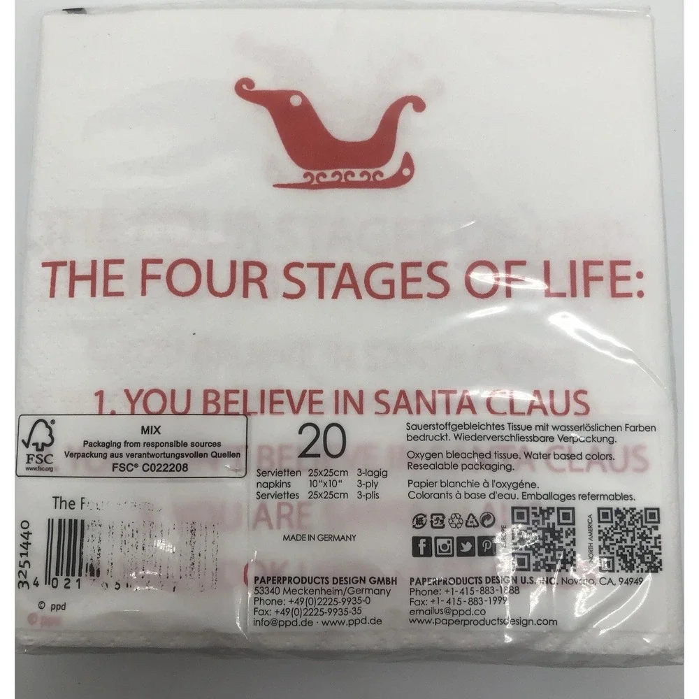 Funny Hostess Gift‎ Christmas Napkins The 4 Stages Of Life, 20 Paper Napkins PPD